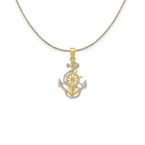 14k Yellow Gold & Rhodium Anchor, Ship's Wheel & Rope Necklace - 18 In