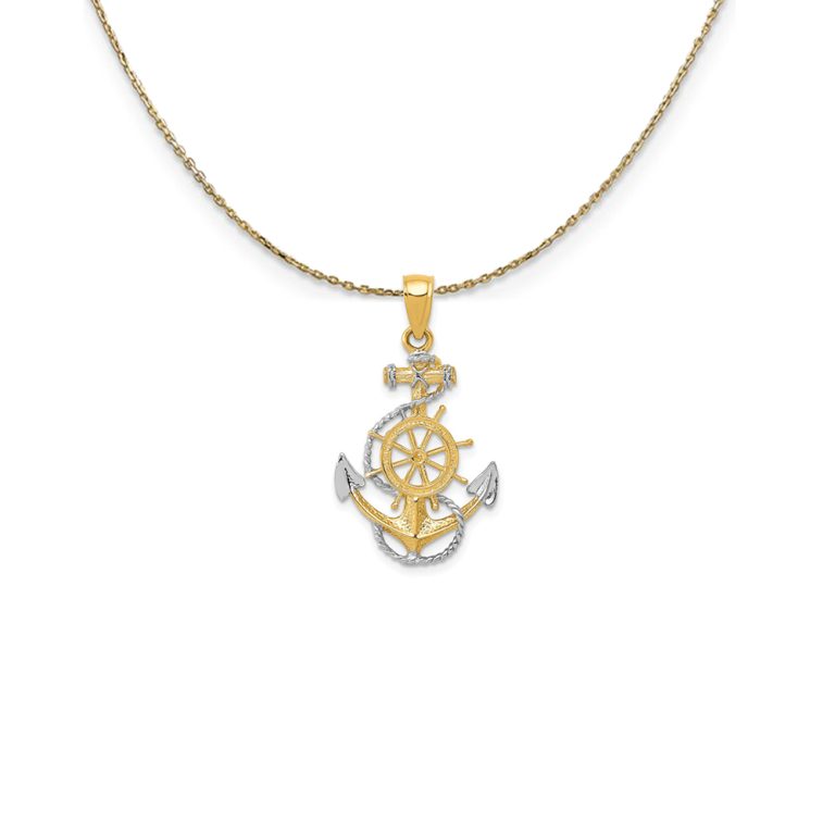 14k Yellow Gold & Rhodium Anchor, Ship's Wheel & Rope Necklace - 18 In