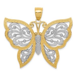 14k Yellow Gold & White Rhodium 42mm Filigree Butterfly Pendant