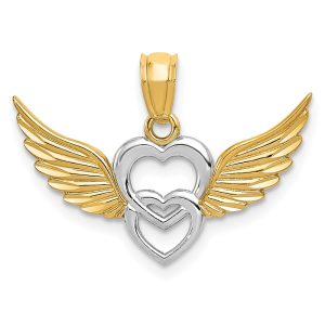 14k Yellow Gold & White Rhodium Double Winged Hearts Pendant