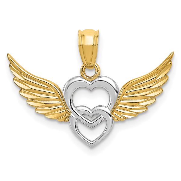 14k Yellow Gold & White Rhodium Double Winged Hearts Pendant