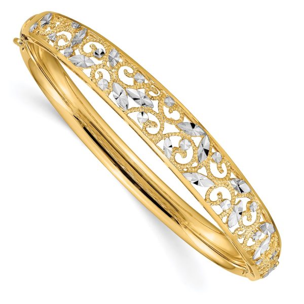 14k Yellow Gold & White Rhodium Graduated Diamond Cut Bangle Bracelet