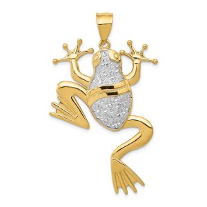 14k Yellow Gold & White Rhodium Large Diamond Cut Frog Pendant