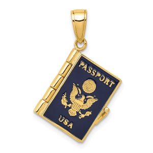 14k Yellow Gold and Navy Blue Enamel 3D Passport USA Pendant