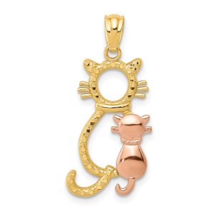 14k Yellow Gold and Rose Gold Sitting Cats Pendant, 11 x 22mm