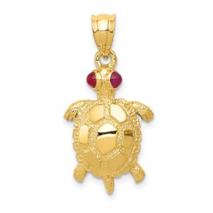 14k Yellow Gold and Ruby Turtle with Gemstone Eyes Pendant