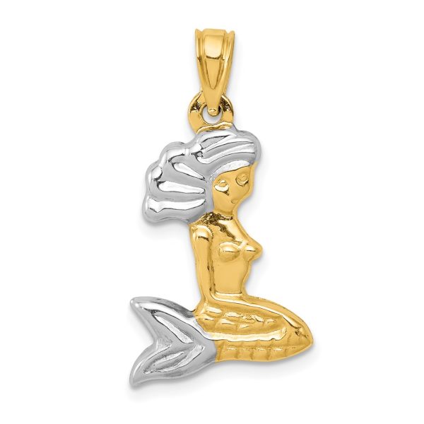 14k Yellow Gold and White Rhodium 3D Hollow Mermaid Pendant