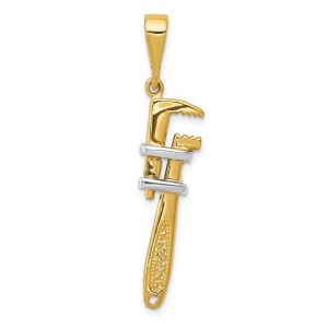 14k Yellow Gold and White Rhodium 3D Two Tone Monkey Wrench Pendant