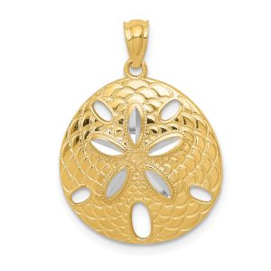 14k Yellow Gold and White Rhodium Sand Dollar Pendant, 19mm (3/4 Inch)