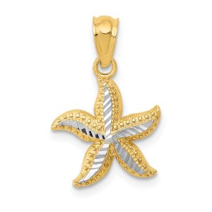 14k Yellow Gold and White Rhodium Starfish Pendant, 12mm (7/16 Inch)