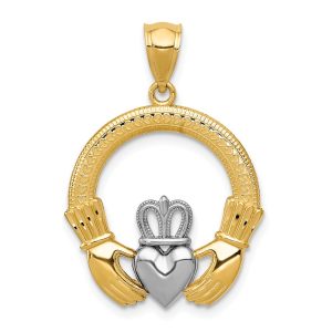 14k Yellow Gold and White Rhodium Two Tone Claddagh Pendant, 20mm