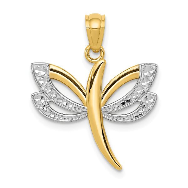 14k Yellow Gold and White Rhodium Two Tone Dragonfly Pendant, 18mm