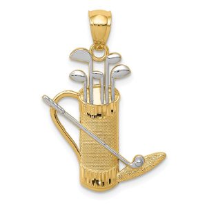 14k Yellow Gold and White Rhodium Two Tone Golf Bag and Clubs Pendant