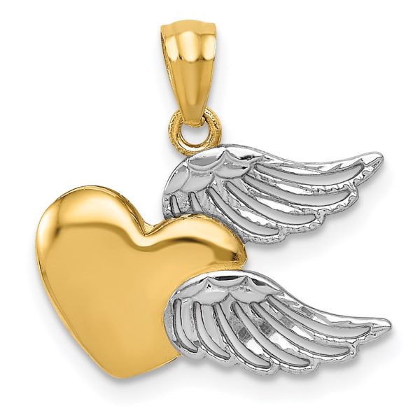 14k Yellow Gold and White Rhodium Two Tone Heart with Wings Pendant