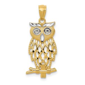 14k Yellow Gold and White Rhodium Two Tone Owl Pendant, 11 x 27mm