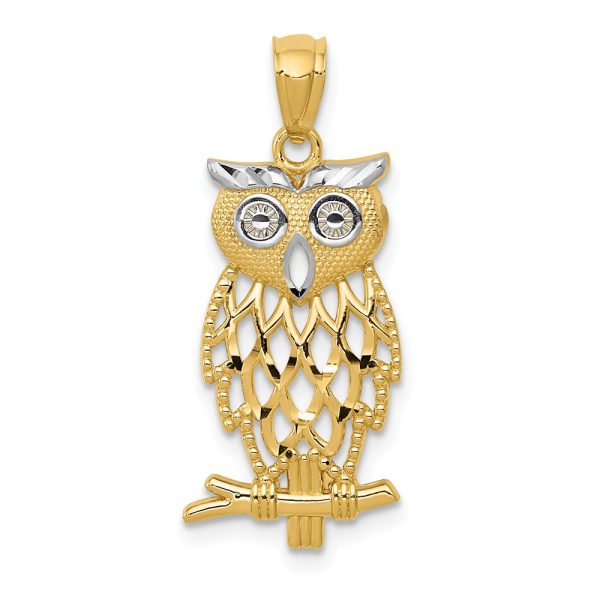 14k Yellow Gold and White Rhodium Two Tone Owl Pendant, 11 x 27mm