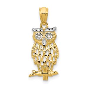 14k Yellow Gold and White Rhodium Two Tone Owl Pendant, 9 x 24mm