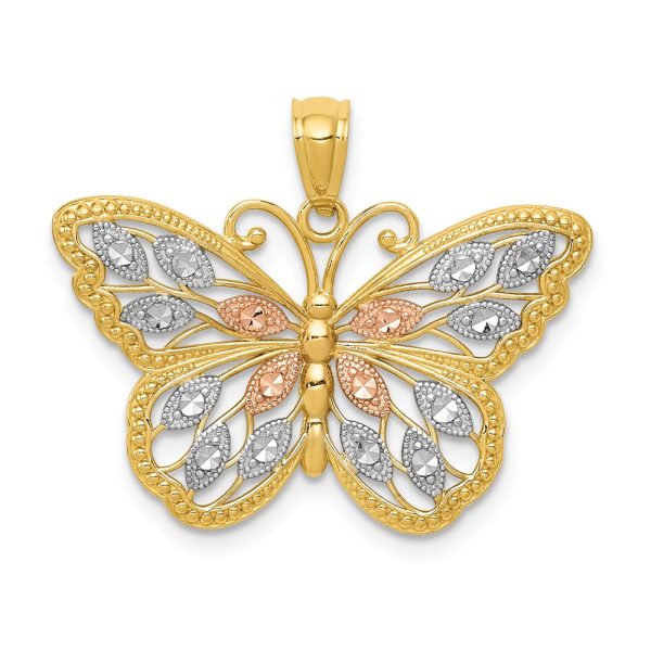 14k Yellow Gold with White & Rose Rhodium 26mm Butterfly Pendant