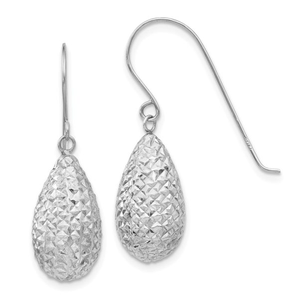 15mm Diamond Cut Puffed Teardrop Dangle Earrings in 14k White Gold