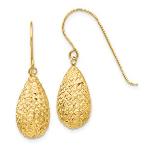 15mm Diamond Cut Puffed Teardrop Dangle Earrings in 14k Yellow Gold