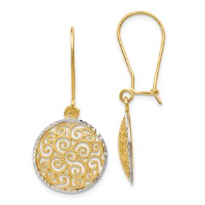 15mm Filigree Circle Dangle Earrings in 14k Yellow Gold & Rhodium