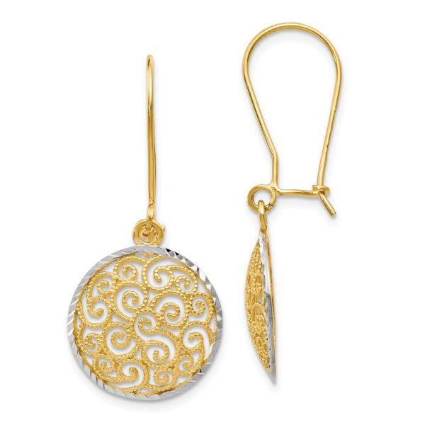 15mm Filigree Circle Dangle Earrings in 14k Yellow Gold & Rhodium