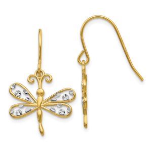 15mm Two Tone Dragonfly Dangle Earrings in 14k Gold