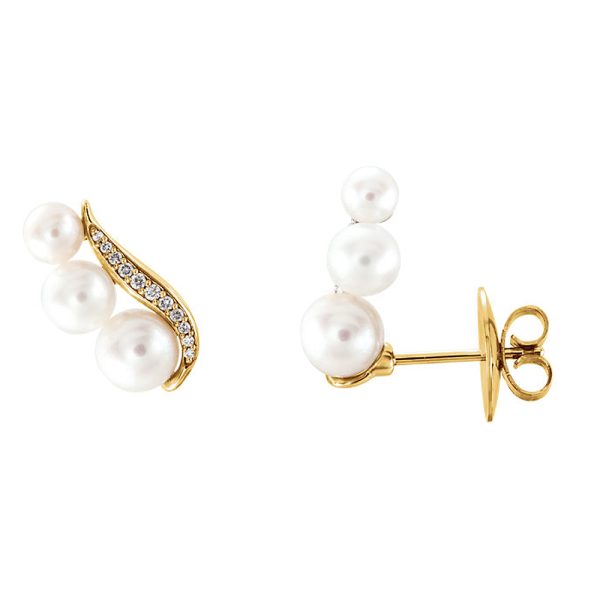 16mm 14k Yellow Gold FW Cultured Pearl & 1/10 CTW Diamond Ear Climbers