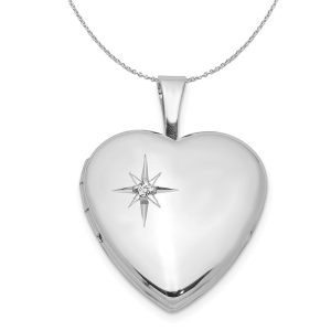 16mm Diamond Star Design Heart Shaped Silver Locket Necklace