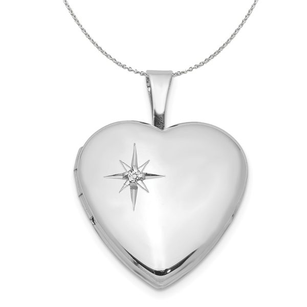 16mm Diamond Star Design Heart Shaped Silver Locket Necklace