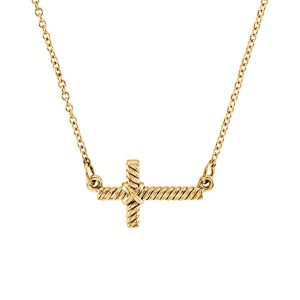 16mm Sideways Rope Cross Necklace in 14k Yellow Gold, 16.5 Inch