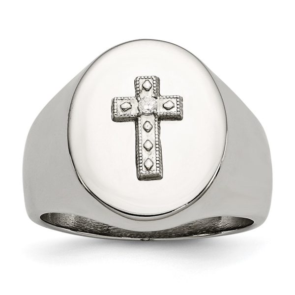 17mm Stainless Steel, Sterling Silver Cross & CZ Tapered Ring, Size 9