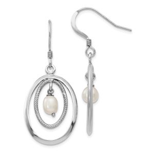 18 x 39mm Silver, FW Cultured White Pearl & Oval Dangle Earrings