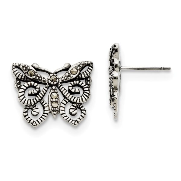 18mm Marcasite Scroll Butterfly Post Earrings in Stainless Steel