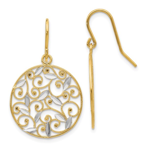 19mm Two Tone Filigree Circle Dangle Earrings in 14k Gold