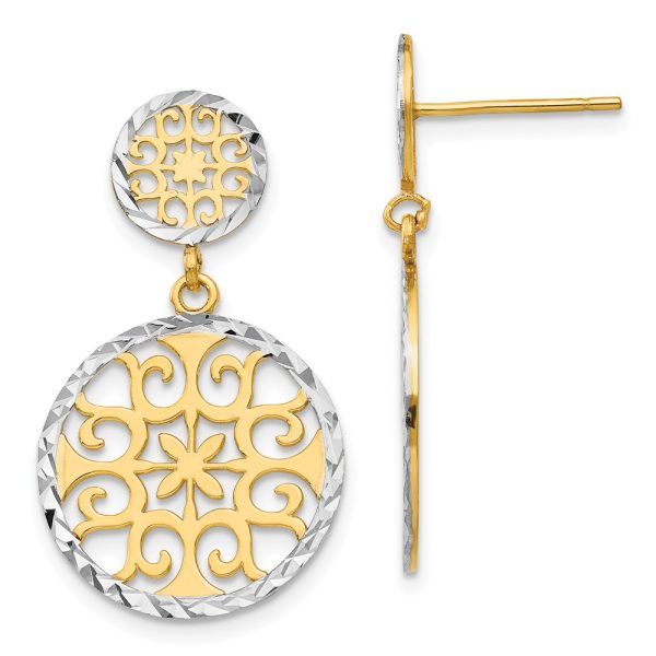 2-tone Diamond-cut Circle Drop Earrings in 14k Yellow Gold and Rhodium