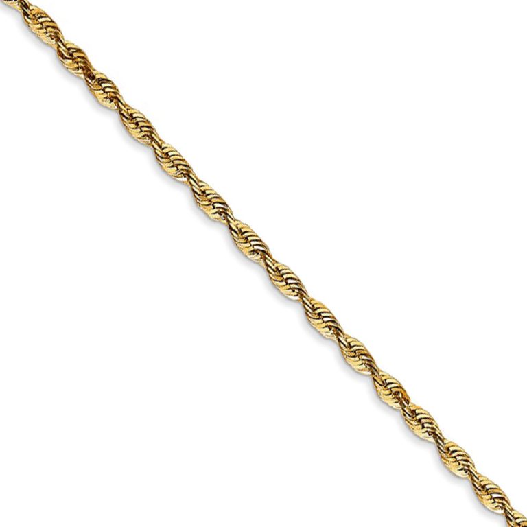 2.25mm, 14k Yellow Gold Light Diamond Cut Rope Chain Necklace, 16 Inch