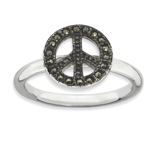 2.25mm Sterling Silver Stackable Marcasite Peace Sign Ring Size 7