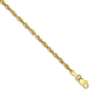 2.5mm, 10k Yellow Gold Lightweight D/C Rope Chain Bracelet, 7 Inch