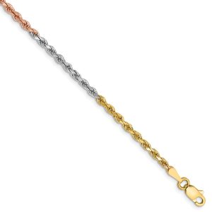 2.5mm, 14k Tri-Color Gold, D/C Solid Rope Chain Bracelet, 7 Inch