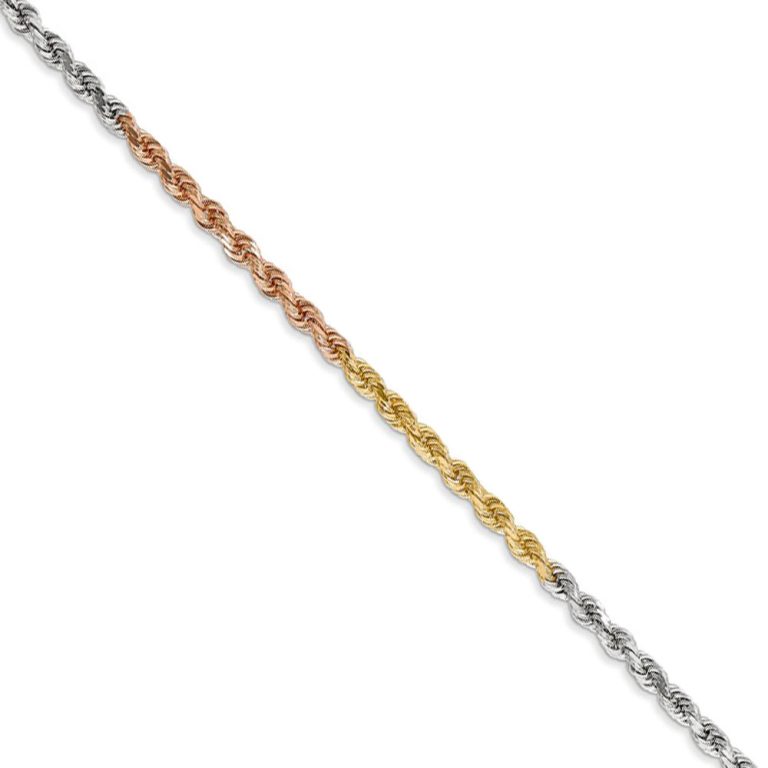 2.5mm, 14k Tri-Color Gold, D/C Solid Rope Chain Necklace, 16 Inch