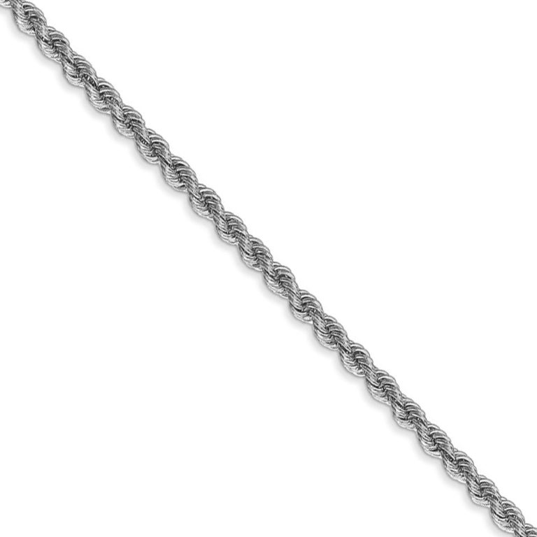 2.5mm, 14k White Gold, Handmade Solid Rope Chain Necklace, 16 Inch