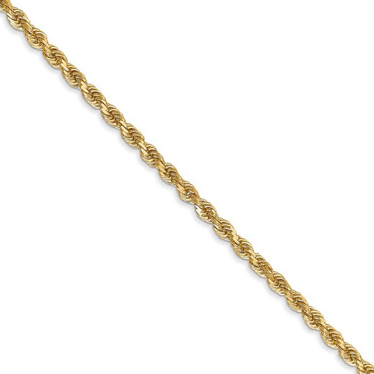 2.5mm 14k Yellow Gold Solid Light D/C Rope Chain Necklace, 20 Inch