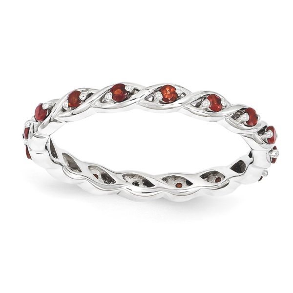 2.5mm Rhodium Plated Sterling Silver Stackable Garnet Twist Band Sz 7