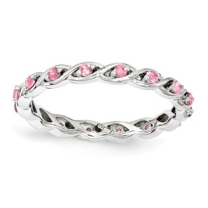 2.5mm Rhodium Sterling Silver Created Pink Sapphire Twist Band Size 6