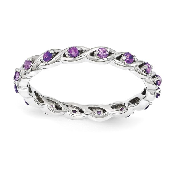 2.5mm Rhodium Sterling Silver Stackable Amethyst Twist Band Size 8