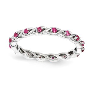 2.5mm Rhodium Sterling Silver Stackable Created Ruby Twist Band Size 8