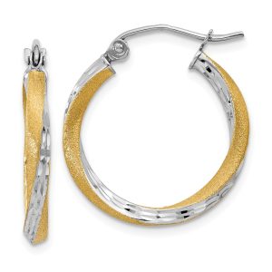 2.5mm, Twisted Round Hoop Earrings in 14k Gold and Rhodium, 20mm