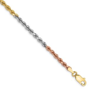 2.9mm, 14k Tri-Color Gold, D/C Solid Rope Chain Bracelet, 8 Inch