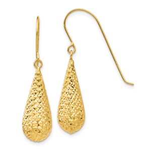 20mm Diamond Cut Puffed Teardrop Dangle Earrings in 14k Yellow Gold